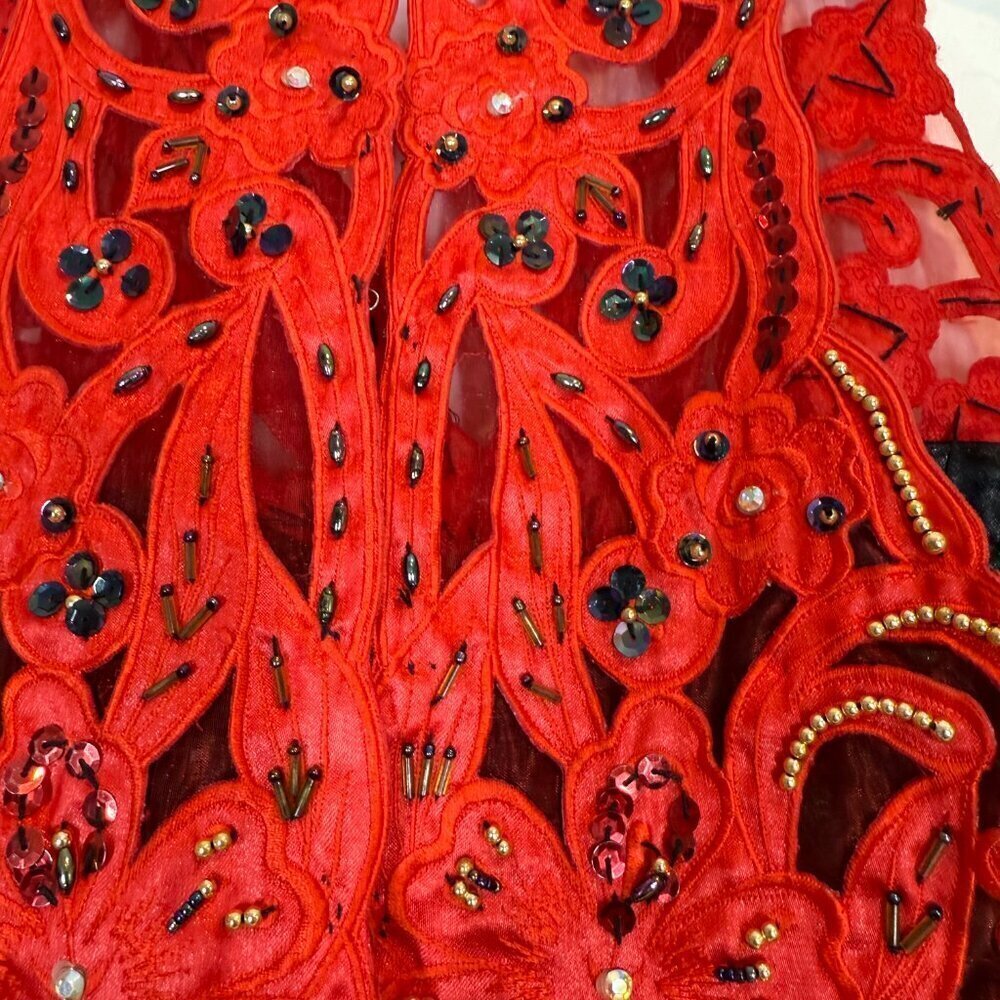 Vintage Cheongsam Qipao Dress Gown Black Velvet Red Long Maxi Hand Sewn Lace XS - Picture 8 of 12